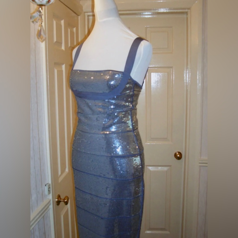 Herve Leger Shimmering Silver Midi Dress - Picture 2 of 5